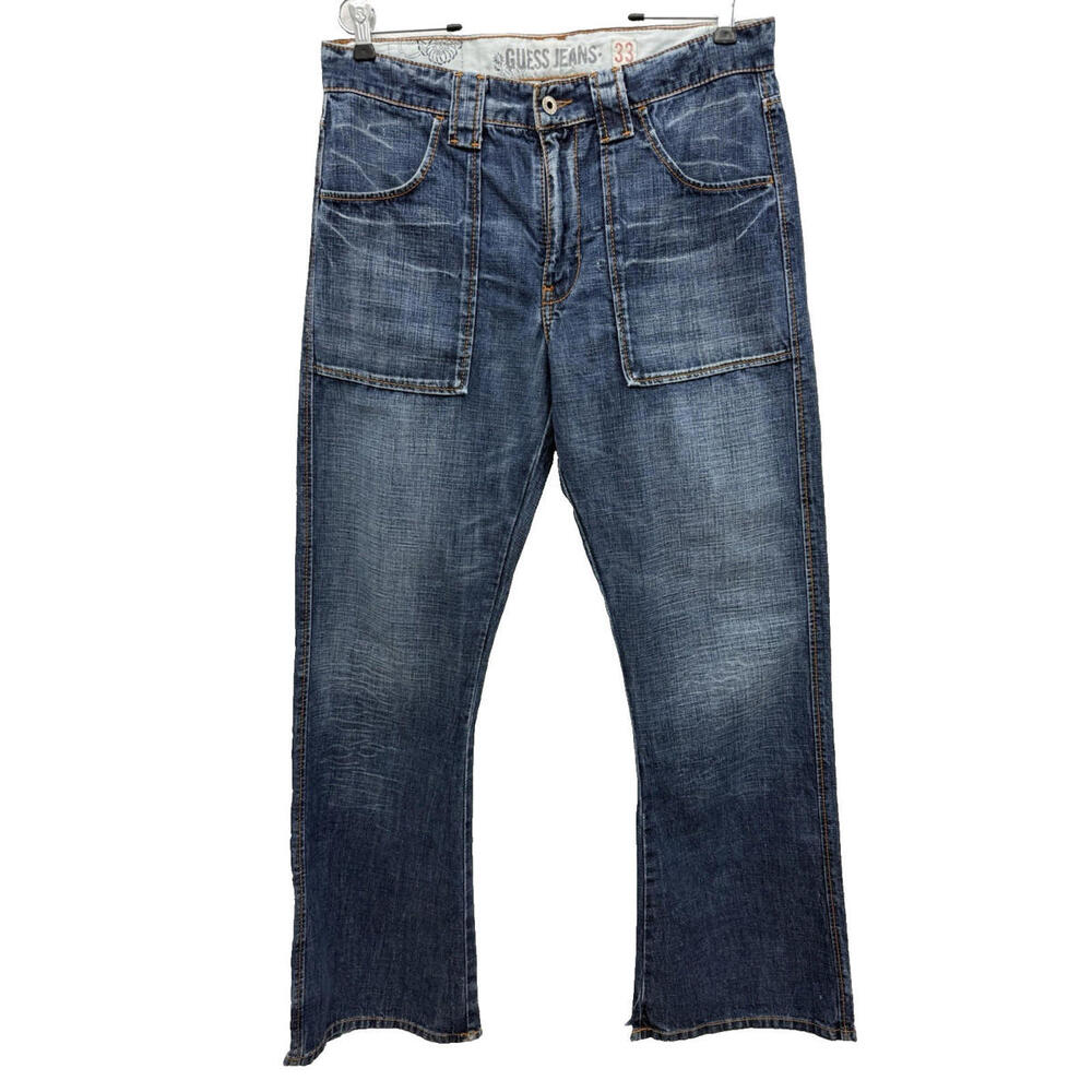 GUESS Jeans 33x32 Flared Leg Jeans Denim Patch Pockets Medium Wash Frayed Hem